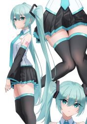 1girl absurdres amaama_(beccyonaika1) aqua_eyes aqua_hair aqua_necktie black_skirt black_thighhighs closed_mouth detached_sleeves hair_between_eyes hair_ornament hatsune_miku highres long_hair long_sleeves looking_at_viewer miniskirt necktie pleated_skirt shirt simple_background skirt sleeveless sleeveless_shirt thighhighs twintails very_long_hair vocaloid white_background white_shirt wide_sleeves zettai_ryouiki