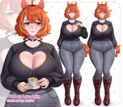 1girl absurdres ahoge animal_ears black_choker boots breasts brown_boots choker cleavage cleavage_cutout closed_mouth clothing_cutout commentary cup denim english_commentary english_text full_body glasses grid_background hair_between_eyes hairband heart heart_background heart_choker heart_cutout highres holding holding_cup holding_saucer huge_breasts indie_virtual_youtuber long_sleeves lucahjin_(character) medium_hair mole mole_on_breast mole_under_eye multiple_views orange_eyes orange_hair pants pocket ribbed_sweater saucer shadow sparkle standing straight-on sweater tareme teacup thick_thighs thighs torn_clothes torn_pants upper_body white_background yami_(eunriie) yellow-framed_eyewear zoom_layer