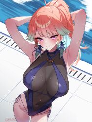 1girl armpits arms_behind_head arms_up breasts casual_one-piece_swimsuit closed_mouth colored_inner_hair commentary covered_navel earrings english_commentary feather_earrings feathers gradient_hair green_feathers green_hair hair_flaps high_ponytail highleg highleg_one-piece_swimsuit highres hololive hololive_english jewelry large_breasts long_hair looking_at_viewer multicolored_hair official_alternate_costume official_alternate_hairstyle one-piece_swimsuit orange_hair perfume_(takanashi_kiara) ponytail poolside purple_eyes see-through_clothes see-through_one-piece_swimsuit side-tie_one-piece_swimsuit smile solo swimsuit takanashi_kiara virtual_youtuber wet you06