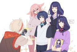 2boys 3girls alternate_costume alternate_universe animal_ears arms_at_sides artist_name black_eyes black_hair black_shirt black_sleeves black_vest blue_bow blue_bowtie blunt_bangs blunt_ends blush bow bowtie brother_and_sister casual closed_eyes closed_mouth collared_shirt contemporary empty_eyes expressionless eyeliner eyeshadow facing_another family fingernails fox_ears fox_shadow_puppet genshin_impact genshinribu grey_sleeves grey_sweater group_picture hair_between_eyes hair_intakes hand_on_another&#039;s_shoulder hand_on_own_hip hand_up hand_wraps highres hood hooded_jacket jacket kaedehara_kazuha lapels leaf_print long_hair long_sleeves looking_at_another low_ponytail makeup makoto_(genshin_impact) mother_and_daughter mother_and_son multicolored_hair multiple_boys multiple_girls open_mouth pants pink_bow pink_bowtie pink_hair pink_nails ponytail portrait_(object) purple_eyes purple_hair purple_nails purple_shirt purple_sweater raiden_shogun red_eyeliner red_eyeshadow red_hair red_hood scaramouche_(genshin_impact) shirt short_sleeves siblings sidelocks sitting skirt sleeveless sleeveless_jacket split_mouth standing streaked_hair sweatdrop sweater sweater_vest swept_bangs unamused v-shaped_eyebrows vest white_hair white_pants white_skirt white_sweater_vest yae_miko
