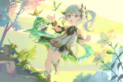 1girl 1other :d aranara_(genshin_impact) blurry blurry_foreground bracelet bug butterfly day dress genshin_impact green_eyes green_hair hair_ornament highres insect jewelry long_hair multicolored_hair nahida_(genshin_impact) nooo open_mouth outdoors pointy_ears ponytail shorts sleeveless sleeveless_dress smile symbol-shaped_pupils two-tone_hair white_dress white_hair white_shorts