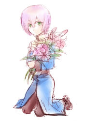 1boy acolyte_(ragnarok_online) blue_coat brown_pants brown_shoes closed_mouth coat commentary_request flower full_body green_eyes hair_between_eyes holding holding_flower kneeling long_sleeves looking_at_viewer male_focus pants pink_flower pink_hair ragnarok_online shoes short_hair simple_background smile solo white_background yukimushi