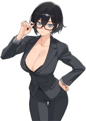 1girl absurdres adjusting_eyewear arm_up belt black_belt black_bra black_hair black_jacket black_nails black_pants black_shirt blue_eyes bra breasts business_suit cleavage closed_mouth collarbone commentary cowboy_shot english_commentary formal_clothes glasses hair_between_eyes hand_up highres jacket kuso_otoko large_breasts lillie_(uragoner) lingerie long_sleeves looking_at_viewer nail_polish office_lady original pants partially_unbuttoned red-framed_eyewear semi-rimless_eyewear shirt short_hair simple_background solo suit suit_jacket underwear white_background