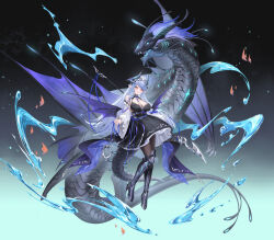 1girl absurdres bare_shoulders between_breasts black_dress black_horns black_pantyhose blue_collar blue_hair blue_ribbon braid breasts cleavage collar commentary_request detached_sleeves dragon dragon_girl dragon_horns dragon_tail dress frilled_headwear frilled_sleeves frills full_body gradient_background hair_ornament highres horns large_breasts leg_armor long_hair looking_at_viewer original pantyhose parted_lips pointy_ears polearm red_eyes ribbon side_braid silver_trim slit_pupils solo spear tail water weapon wide_sleeves yinghuahua