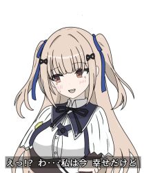 1girl arm_at_side assault_lily averting_eyes black_ribbon blue_ribbon blush breasts brown_eyes brown_hair buttons capelet collared_shirt commentary false_smile hair_ornament hair_ribbon hairclip hand_on_own_arm hand_up kimassi long_hair long_sleeves looking_to_the_side medium_breasts neck_ribbon parted_lips ribbon school_uniform shirt sideways_glance simple_background smile solo subtitled sweatdrop tada_shiera translated two_side_up white_background white_capelet white_shirt yurigaoka_girls_academy_school_uniform