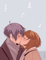 Rule 34 | 1boy, 1girl, ahoge, alternate costume, artist name, bird, black coat, blue hair, blush, brown coat, brown hair, closed eyes, coat, couple, earrings, facing another, grey scarf, grey sky, height difference, hetero, jewelry, kiss, outdoors, paaaatchieee, persona, persona 3, scarf, short hair, sky, stud earrings, takeba yukari, upper body, white bird, winter clothes, yuuki makoto (persona 3)