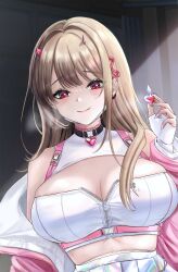 1girl absurdres black_choker breasts brown_hair choker cleavage commentary_request crop_top goddess_of_victory:_nikke highres holding horns indoors jacket large_breasts long_hair looking_at_viewer midriff pink_eyes pink_horns pink_jacket smile solo sunameri_(pixiv3564245) upper_body very_long_hair viper_(nikke)