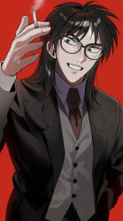 Rule 34 | 1boy, black-framed eyewear, black eyes, black hair, black jacket, blazer, buttons, cigarette, collared shirt, commentary request, facial scar, glasses, grey vest, grin, highres, holding, holding cigarette, itou kaiji, jacket, kaiji, long hair, long sleeves, looking at viewer, male focus, necktie, niwatori panda, red background, red necktie, scar, scar on cheek, scar on face, shirt, simple background, smile, smoke, smoking, solo, upper body, vest, white shirt