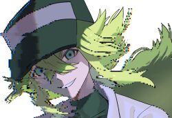 1boy baseball_cap crossed_bangs glitch green_eyes green_hair green_hat grin hair_between_eyes hat highres long_hair looking_at_viewer male_focus n_(pokemon) nintendo pokemon pokemon_bw shirt sidelocks simple_background smile solo upper_body white_background white_shirt zero_(sleepy_meltan)