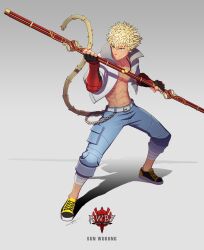 1boy abs belt black_gloves blonde_hair blue_eyes blue_pants chain character_name commentary copyright_logo copyright_name denim english_commentary fingerless_gloves full_body gloves grey_background grey_belt grin highres holding holding_staff jacket jeans male_focus monkey_tail official_art open_clothes open_jacket pants ruyi_bang_and_jingu_bang rwby shoes short_hair simple_background smile solo staff sun_wukong_(rwby) tail toned toned_male uyalago v-shaped_eyebrows white_belt white_jacket