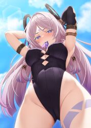 1girl absurdres akira_(sayo_dayoo) arm_up arms_behind_head arms_up black_leotard blue_eyes blue_sky breasts cameltoe citlali_(genshin_impact) closed_mouth cloud colored_eyelashes commentary detached_sleeves facial_mark forehead_mark from_below genshin_impact hair_ornament hair_tie highleg highres large_breasts leotard long_hair looking_at_viewer looking_down medium_breasts outdoors paid_reward_available pink_hair pink_pupils revision sky solo standing very_long_hair