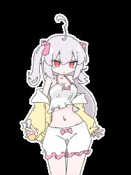 1girl ahoge animated animated_gif bouncing_breasts bow breasts camisole cardigan cardigan_partially_removed cleavage closed_eyes cowboy_shot dancing frills grey_hair hair_bow long_hair looking_at_viewer looping_animation midriff navel niliu_chahui open_cardigan open_clothes original pointy_ears red_eyes shorts simple_background solo swaying swaying_hip sweater transparent_background twintails very_long_hair white_camisole white_shorts yellow_sweater