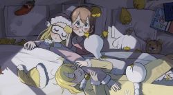 3girls angry animal animal_on_lap baby_animal bags_under_eyes bird blanket blonde_hair blue_eyes book brown_hair cheek_press chicken chicken_feet closed_eyes clumsy_nun_(diva) commentary diva_(hyxpk) duck duckling english_commentary eye_mask food food_on_head footprints glasses glasses_nun_(diva) hand_on_another&#039;s_arm hand_on_another&#039;s_head hat highres hug little_nuns_(diva) long_hair magazine_(object) medium_hair messy_hair mouth_hold multiple_girls nightcap nun object_on_head on_bed on_lap open_mouth out_of_frame outstretched_arm pajamas pillow pink_pajamas shadow sleeping slice_of_life spicy_nun_(diva) storybook stuffed_animal stuffed_chili_pepper stuffed_toy tape tape_on_mouth teddy_bear traditional_nun unworn_hat unworn_headwear yellow_pajamas