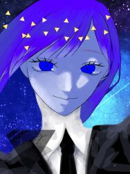 1other bad_id bad_twitter_id black_jacket black_necktie blue_eyes blue_hair close-up closed_mouth de_pppl eyelashes gem_uniform_(houseki_no_kuni) highres houseki_no_kuni jacket lapis_lazuli_(houseki_no_kuni) long_hair looking_at_viewer necktie smile triangle upper_body