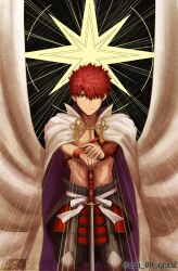 1boy artist_name brown_eyes cape emiya_shirou fate/grand_order fate_(series) hair_over_one_eye highres holding holding_sword holding_weapon male_focus red_hair senji_muramasa_(fate) signature single_bare_shoulder solo sword syu_99_fgo02 twitter_username weapon white_cape