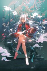 Rule 34 | 1girl, :/, absurdres, ankle bell, bare legs, barefoot, bell, black shirt, blue background, cloud, commentary request, crossed legs, cui (jidanhaidaitang), eastern dragon horns, floating hair, full body, guan dao, guilongchao, hair bell, hair bun, hair ornament, highres, holding, holding polearm, holding weapon, horns, jacket, long hair, long sleeves, looking at viewer, miniskirt, polearm, qinglong yuanjun, red jacket, shirt, single horn, single side bun, sitting, sitting on throne, skirt, smile, solo, thigh strap, throne, weapon, white hair, white skirt, wide sleeves, yellow eyes