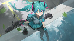 1girl 20cnanmin aqua_eyes aqua_gloves aqua_skirt black_cat black_thighhighs breasts cat chinese_commentary closed_mouth commentary_request falling_leaves foot_out_of_frame from_above gloves grey_shirt hatsune_miku highres koi_wa_sensou_(vocaloid) leaf long_hair looking_at_viewer looking_up medium_breasts megaphone motor_vehicle motorcycle outdoors shirt sitting skirt solo thighhighs twintails very_long_hair vocaloid