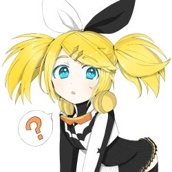 1girl ? all_fours black_thighhighs blonde_hair blue_eyes blush cropped_jacket dress goggles goggles_on_headwear hair_ornament hairclip heaphones heaphones_around_neck highres kagamine_rin looking_at_viewer medium_hair out_of_frame pleated_dress poorly_drawn project_diva_(series) roshin_yuukai_(vocaloid) simple_background solo spoken_question_mark swept_bangs thighhighs twintails two-tone_bow two-tone_dress vocaloid white_background zettai_ryouiki