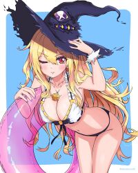 Rule 34 | 1girl, alternate costume, artist name, bikini, black hat, blonde hair, breasts, chiro (chirolchoco25), cleavage, daria (shingeki no bahamut), feet out of frame, front-tie bikini top, front-tie top, hat, highres, jewelry, large breasts, long hair, nail polish, navel, necklace, one eye closed, parted lips, purple nails, red eyes, shadowverse, shadowverse: worlds beyond, shingeki no bahamut, solo, swim ring, swimsuit, thighs, twitter username, white bikini, witch hat