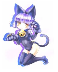 ajitarou_(setsu) animal_ears bastet_lore bell black_thighhighs bodysuit cat_ears cat_tail emil_chronicle_online flat_chest highleg loli neck_bell paw_pose purple_hair skin_tight tail thighhighs white_background yellow_eyes