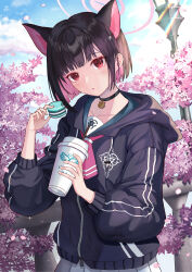 1girl :o absurdres animal_ears ascot black_choker black_hair black_jacket blue_archive blunt_ends blush cafeiner cat_choker cat_ears cat_girl choker colored_inner_hair drink extra_ears flower food green_sailor_collar highres holding holding_drink holding_food jacket kazusa_(blue_archive) looking_at_viewer macaron medium_hair multicolored_hair open_mouth pink_ascot pink_eyes purple_flower sailor_collar sidelocks skirt solo two-tone_hair upper_body white_skirt