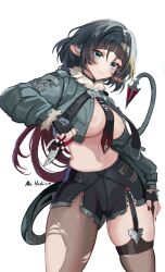 Rule 34 | 1girl, absurdres, aki hoshino, animal ears, areola slip, black gloves, black shorts, blunt bangs, blush, breasts, brown pantyhose, brown thighhighs, combat knife, commentary, cowboy shot, cropped jacket, english commentary, fingernails, fur-trimmed jacket, fur trim, gloves, green eyes, green jacket, high-waist shorts, highres, holding, holding knife, holding weapon, jacket, jane doe (zenless zone zero), knife, large breasts, looking at viewer, midriff, mouse ears, mouse girl, mouse tail, multicolored hair, nail polish, navel, no bra, pantyhose, parted lips, red hair, red nails, shorts, sidelocks, simple background, single leg pantyhose, single thighhigh, smile, solo, stomach, tail, thighhighs, torn clothes, torn pantyhose, torn thighhighs, two-tone hair, weapon, white background, zenless zone zero
