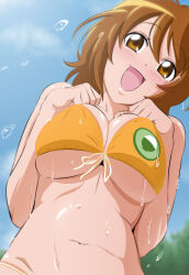 1girl bikini bikini_top_only blush breasts brown_eyes brown_hair cleavage fuchi_(nightmare) hands_above_breasts happinesscharge_precure! highres mature_female oomori_yuuko open_mouth precure smile solo swimsuit underboob
