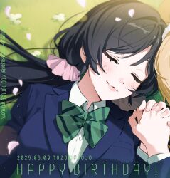 2girls ayase_eli bow bowtie hair_ornament hair_scrunchie happy_birthday highres holding_hands love_live! love_live!_school_idol_project multiple_girls otonokizaka_school_uniform pink_scrunchie purple_hair school_uniform scrunchie sleeping striped_bow striped_bowtie striped_clothes tojo_nozomi watermark yuri zawawa_(satoukibi1108)