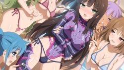 5girls absurdres blue_hair blush breasts brown_hair ceri_(sakura_dungeon) dark-skinned_female dark_skin game_cg green_eyes green_hair highres large_breasts multiple_girls sakura_dungeon shiny_skin wanaca winged_cloud