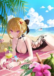 2girls absurdres astra_yao bare_shoulders beach bikini black_bikini black_ribbon blonde_hair blue_sky bracelet breasts cleavage closed_mouth cocktail evelyn_chevalier hair_ornament highres jewelry large_breasts looking_at_viewer lying multiple_girls mumu_0221 on_stomach outdoors purple_eyes red_bikini ribbon sand_castle sand_sculpture sky swimsuit zenless_zone_zero