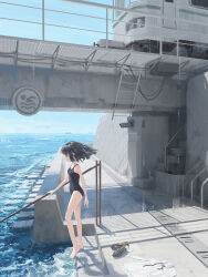 Rule 34 | 1girl, absurdres, airfish (lefko d), bare arms, bare legs, bare shoulders, barefoot, black hair, black one-piece swimsuit, blue eyes, blue sky, breasts, bridge, brown shoes, closed mouth, collared shirt, commentary, day, dress shirt, english commentary, feet, floating hair, from side, highres, loafers, ocean, one-piece swimsuit, original, outdoors, profile, ship, shirt, shoes, sky, small breasts, socks, solo, standing, swimsuit, toes, train, unworn shirt, unworn shoes, unworn socks, water, watercraft, white shirt, white socks