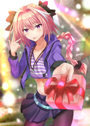 1boy androgynous astolfo_(fate) astolfo_(memories_at_trifas)_(fate) belt black_bow blush_stickers bow braid braided_ponytail bright_background crop_top crossdressing gift hair_intakes hood hoodie jacket jewelry lens_flare looking_at_viewer male_focus midriff multicolored_hair necklace nez-box official_alternate_costume pantyhose pink_hair purple_eyes purple_hoodie purple_jacket shirt skirt smile solo streaked_hair striped_clothes striped_shirt tongue tongue_out trap valentine white_hair