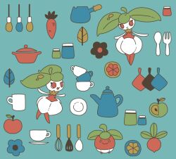 apron blue_background bounsweet carrot closed_mouth cooking_pot cup food fork fruit full_body game_freak gen_7_pokemon green_apron mug nintendo open_mouth orange_(fruit) orange_slice plate pokemon pokemon_(creature) red_eyes salt_shaker satsumapotato simple_background smile spoon steenee teapot turnip whisk