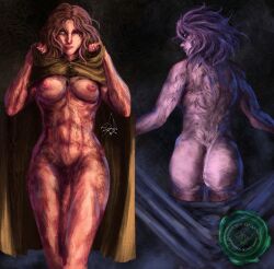 abs ass back_muscles breasts brown_hair burn_scar cloak deep_one_dagon elden_ring highres hood hooded_cloak looking_back looking_down melina_(elden_ring) muscular muscular_female purple_eyes purple_hair scar signature thighs yellow_eyes