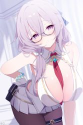 1girl belt_pouch between_breasts blurry blurry_background bow breasts canace_(stella_sora) cleavage cleavage_cutout clothing_cutout collared_vest commentary crossed_bangs deyui glasses gloves hair_between_eyes hair_bow hair_over_shoulder hand_on_own_hip highres indoors large_breasts leaning_forward long_hair looking_at_viewer low_ponytail messy_hair miniskirt necktie necktie_between_breasts pantyhose parted_lips ponytail pouch purple_eyes purple_hair red_necktie semi-rimless_eyewear skirt solo stella_sora thigh_strap vest white_bow white_gloves white_skirt white_vest