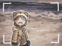 1girl :d animal_hat bag closed_eyes footprints green_hair handbag happy hat highres jacket koiwai_yotsuba looking_at_viewer nonounno open_mouth picture_frame smile snow stuffed_animal stuffed_toy viewfinder yotsubato!