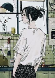 1girl black_hair black_pants bottle bowl cabinet cigarette closed_mouth commentary_request corded_phone cowboy_shot cup day electric_fan expressionless eyelashes floral_print grey_eyes hair_bun hands_in_pockets highres indoors kettle kitchen lips mole mole_under_eye mouth_hold mug original pants phone red_lips salusuberi_0410 shirt short_hair short_sleeves single_hair_bun smoke smoking solo spatula standing steam t-shirt tile_wall tiles white_shirt window