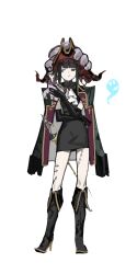 1girl ascot bicorne black_boots black_dress black_eyes black_gloves black_hair black_jacket boots commission disembodied_hand dress elbow_gloves fold-over_boots full_body gloves hand_up hat heterochromia high_heels highres jacket jacket_on_shoulders knee_boots looking_to_the_side original patchwork_skin pencil_dress red_eyes red_hat short_dress short_hair shuicha_bu_shi_zha sketch solo standing stitched_leg stitches sword weapon white_ascot white_background