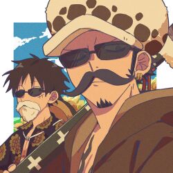 Rule 34 | 2boys, beard, black hair, black hoodie, chest tattoo, cloud, commentary request, dekaidaikon, eyes visible through hair, facial hair, facial scar, flower, goatee, hat, highres, hood, hood down, hoodie, looking to the side, male focus, monkey d. luffy, multiple boys, mustache, one piece, open clothes, open shirt, print shirt, scar, scar on cheek, scar on face, shirt, short hair, sideburns, sideways glance, sky, straw hat, sunflower, sunglasses, sword, tattoo, trafalgar law, unworn hat, unworn headwear, upper body, weapon, yellow flower