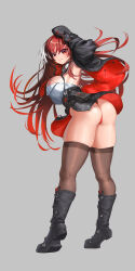 1girl ass bare_shoulders beret blush boots breasts from_behind gloves goddess_of_victory:_nikke gomjae hat highres jacket large_breasts leaning leaning_forward leotard long_hair looking_at_viewer rapi_(nikke) rapi_(red_hood)_(nikke) red_eyes red_hair sideboob smile solo thick_thighs thigh_boots thighhighs thighs thong thong_leotard very_long_hair