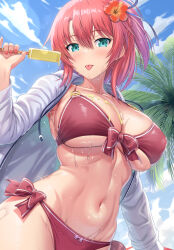 1girl aqua_eyes bikini blue_sky blush breasts collarbone commentary_request day eating flower food hair_between_eyes hair_flower hair_ornament hibiscus highres jacket kawase_seiki large_breasts leaf looking_at_viewer medium_hair navel original outdoors palm_tree pink_hair popsicle red_bikini sky solo standing swimsuit tongue tongue_out tree underboob white_jacket