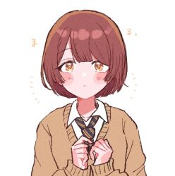 1girl anam95 blush blush_stickers brown_sweater character_request closed_mouth collared_shirt copyright_request eyelashes highres long_sleeves necktie red_hair shirt short_hair simple_background solo striped_necktie sweater white_background white_shirt yellow_eyes
