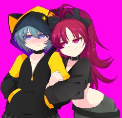 2girls absurdres animal_hood arm_hug black_choker blush choker hands_in_pockets highres hood hoodie looking_at_another mahou_shoujo_madoka_magica mahou_shoujo_madoka_magica_(anime) miki_sayaka multiple_girls navel sakura_kyoko shion_(shion_aster) yuri