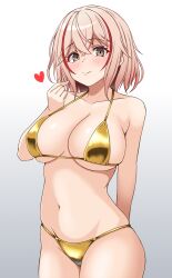 1girl amamiya_akira arm_behind_back azur_lane bikini blonde_hair blush breasts commentary_request groin hand_up heart hip_focus large_breasts looking_at_viewer medium_hair multicolored_hair navel pointing pointing_at_self red_hair roon_(azur_lane) skindentation smile solo standing stomach streaked_hair swimsuit two-tone_hair yellow_bikini yellow_eyes