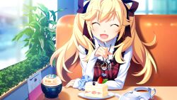 1girl ^_^ arm_rest black_ribbon blonde_hair blue_scrunchie booth_seating cake closed_eyes cup day dress elbow_rest eyeliner facing_viewer fang food fork game_cg grisaia_(series) grisaia_no_meikyuu hair_ribbon heart heart_necklace holding holding_fork indoors jewelry large_variant_set long_hair long_sleeves makeup menu necklace non-web_source on_chair open_mouth plaid_clothes plaid_dress plant plate red_dress red_eyeliner restaurant ribbon scrunchie shirt sitting sleeveless sleeveless_dress sleeves_past_wrists smile solo strawberry_cake table tea teacup teapot turtleneck turtleneck_shirt twintails variant_set watanabe_akio white_shirt wind wrist_scrunchie