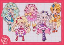 Rule 34 | 5girls, aisaki emiru, ascot, back bow, bag bow, bare shoulders, beads, bib, big hair, black thighhighs, blonde hair, blue boots, blue eyes, blue hair, blue hat, blue sash, blunt bangs, boots, border, bow, bowtie, braid, braided ponytail, bright pupils, brooch, bubble skirt, circlet, clapping, closed mouth, clover earrings, collared dress, collared jacket, collared shirt, commentary, crop top, crossed legs, cure amour, cure ange, cure etoile, cure macherie, cure yell, curly hair, daisy (flower), deformed, detached sleeves, dot nose, dotted line, double bun, dress, dress bow, drill hair, earrings, electric guitar, eyelashes, flower, footwear bow, forehead, four-leaf clover earrings, frilled dress, frilled footwear, frilled skirt, frilled sleeves, frilled socks, frills, full body, fur-trimmed boots, fur trim, gloves, grey background, grid background, grin, guitar, hair beads, hair between eyes, hair bow, hair bun, hair flower, hair ornament, hair ribbon, hair scrunchie, hairband, happy, hat, heart, heart-shaped bag, heart hair ornament, heart hands, heart print, high heel boots, high heels, highres, hugtto! precure, instrument, jacket, jewelry, kagayaki homare, knee boots, lace-up boots, lapels, large earrings, light blush, lipstick, long hair, long skirt, looking at viewer, magical girl, makeup, mascara, medium dress, midriff, mini hat, miniskirt, multiple girls, navel, nono hana, notched lapels, onesie, open clothes, open jacket, open mouth, orange dress, orange shorts, outline, outside border, over-kneehighs, own hands together, pink ascot, pink bag, pink boots, pink bow, pink eyes, pink hair, pink shirt, pink skirt, pink sleeves, platform boots, pleated dress, pleated skirt, pom pom (clothes), pom pom earrings, precure, puffy short sleeves, puffy sleeves, pumps, purple boots, purple bow, purple dress, purple eyes, purple hair, purple sash, purple sleeves, red boots, red border, red bow, red bowtie, red dress, red eyes, red lips, red ribbon, ribbon, ruru amour, sash, scrunchie, see-through clothes, see-through sleeves, shirt, short dress, short hair, short sleeves, shorts, showgirl skirt, side ponytail, sidelocks, signature, single braid, skirt, smile, socks, standing, star (symbol), star hair ornament, tareme, thigh boots, thighhighs, train (clothing), twin drills, twintails, two-tone bag, uwded 207, very long hair, waist bag, waist sash, wavy hair, white bag, white dress, white flower, white gloves, white hairband, white outline, white pupils, white scrunchie, white sleeves, white socks, white thighhighs, white wrist cuffs, wide sleeves, wing hair ornament, wrist cuffs, wrist ribbon, yakushiji saaya, yellow eyes, yellow jacket, yellow skirt, yellow wrist cuffs, zettai ryouiki
