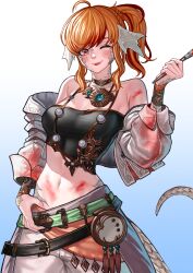 1girl au_ra bandeau bare_shoulders black_bandeau bracelet cropped_jacket dragon_girl dragon_horns dragon_tail final_fantasy final_fantasy_xiv freckles highres holding holding_paintbrush horns hyuu_(sing-dog) jacket jacket_partially_removed jewelry looking_at_viewer midriff navel one_eye_closed open_clothes open_jacket orange_eyes orange_hair paint_on_body paint_on_clothes paintbrush pants pictomancer_(final_fantasy) sash scales side_ponytail solo tail white_jacket white_pants