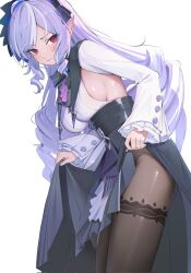 Rule 34 | 1girl, amco, black corset, black hairband, black pantyhose, black skirt, breasts, closed mouth, corset, feet out of frame, frilled hairband, frills, hair over shoulder, hairband, highres, large breasts, light blush, long hair, long sleeves, looking at viewer, pantyhose, pointy ears, purple hair, red eyes, shirt, sideboob, sideboob cutout, sidelocks, simple background, skirt, skirt hold, solo, thighband pantyhose, thighs, vivian banshee, white background, white shirt, zenless zone zero