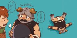 2boys beard bulge chilchuck_tims clumsy collage deformed derivative_work dungeon_meshi dwarf facial_hair fake_horns from_above helmet highres horned_helmet horns long_beard male_focus multiple_boys mustache panties pantyshot screenshot_redraw senshi_(dungeon_meshi) sigh speech_bubble thick_mustache tonta_(tonta1231) translation_request underwear upside-down very_long_beard wok