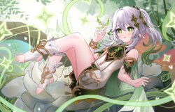 1girl absurdres aichinaigai bare_shoulders blush chinese_commentary commentary_request crystalfly_(genshin_impact) detached_sleeves dress from_side full_body genshin_impact gradient_hair green_eyes green_sleeves hair_between_eyes hair_ornament highres invisible_chair leaf_hair_ornament long_hair looking_at_viewer multicolored_hair nahida_(genshin_impact) parted_lips partial_commentary pointy_ears side_ponytail sitting sleeveless sleeveless_dress smile solo star-shaped_pupils star_(symbol) stirrup_legwear symbol-shaped_pupils toeless_legwear toes white_dress white_hair